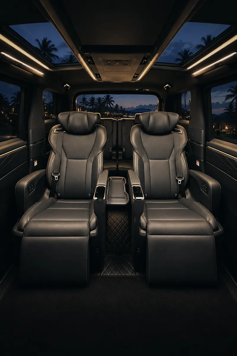 Two lounge seats inside the Alphard, under the lit roof