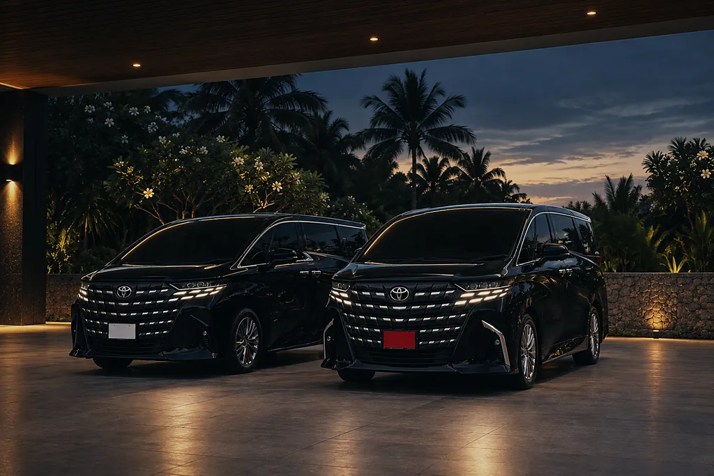 Two black Alphards side by side under a resort’s entrance canopy at dusk
